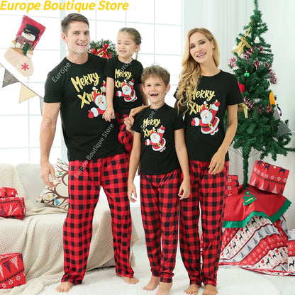 2025 New Year's Costume Short Sleeve Christmas Pajamas Set Matching Outfits for Family/Couples/Kids T-shirt+Trousers Sleepwear