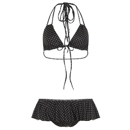 2025 Summer Vacation Beach 2 Piece Set Women Sexy Polka Dots Print Lace Up Halter Bra + Ruffles Micro Mini Skirts Swimsuit