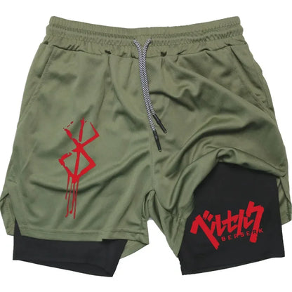 Anime Berserk 2 in 1 Gym Shorts for Men Active Athletic Compression Shorts 5 Inch Quick Dry Stretchy Training Fitness Workout