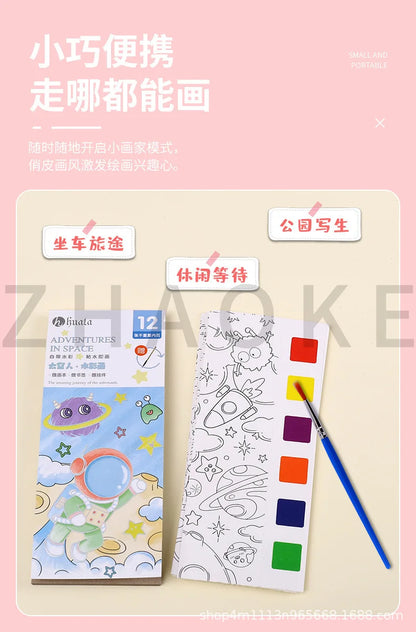 Kids Portable Watercolor Painting Book 12 Sheets Gouache Graffiti Picture 1 Pen Coloring Water Drawing Books Set Kids Toys Gifts