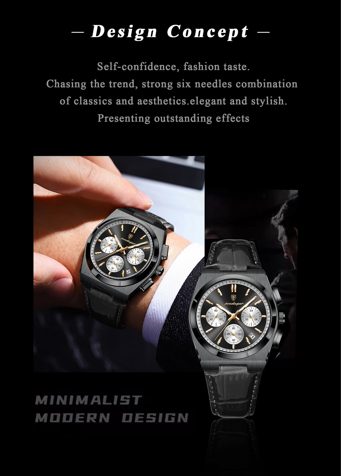POEDAGAR Business Functional Male Watch Waterproof Luminous Chronograph Date Sports Men Wristwatch Leather Men's Quartz Watches