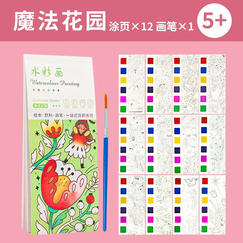 Kids Portable Watercolor Painting Book 12 Sheets Gouache Graffiti Picture 1 Pen Coloring Water Drawing Books Set Kids Toys Gifts
