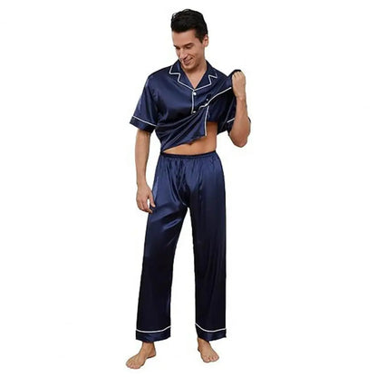 2Pcs/Set Silk Satin Men Pajama Set Notch Collar Button Down Pajama Top with Chest Pocket Elastic Waist Bottoms Set Sleepwear