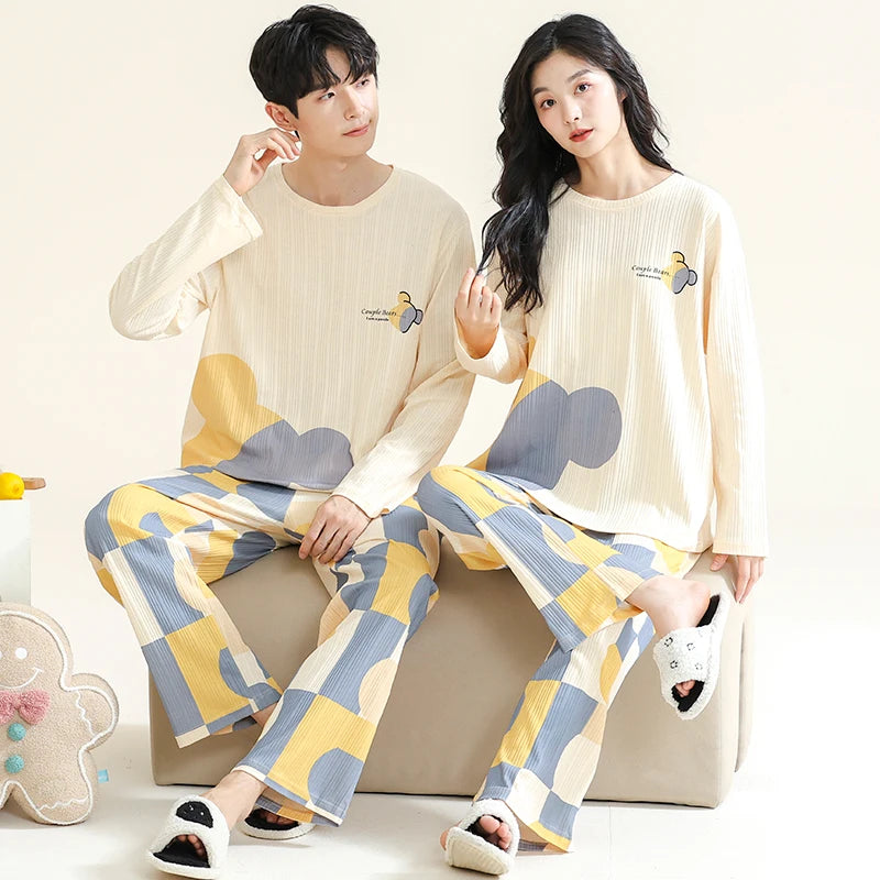 Autumn Couple Pajamas Sets Cartoon Men Sleepwear Leisure Cotton Plus Size Long Sleeve Women Homewear pijama Homme Mujer Dropship
