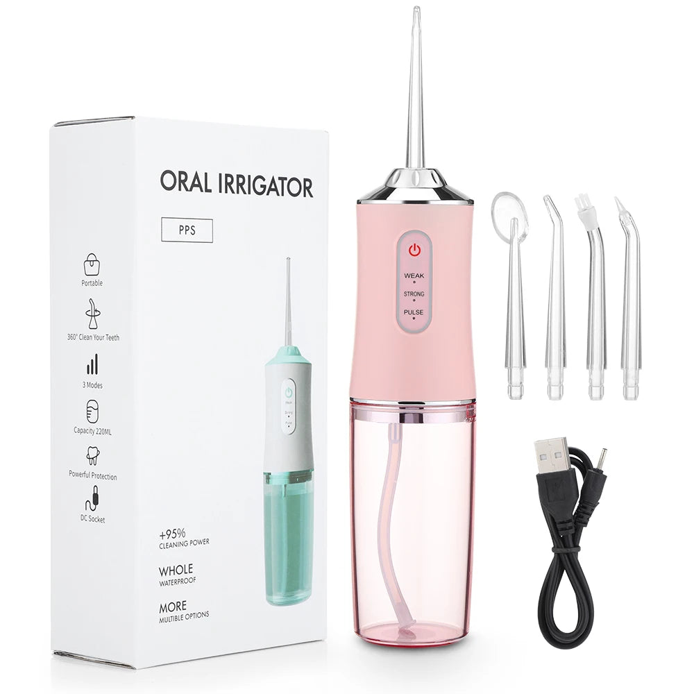 Portable Oral Irrigator Dental Water Flosser USB Water Jet Floss 4 Jet Tip 220ml 3 Modes IPX7 1400rpm Mouth Washing Machine