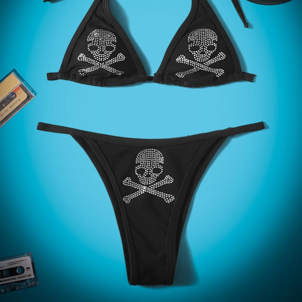 Sexy Gothic Bikini 2025 Rhinestone Skull Swimsuit Women Lace Up Bathing Suit Low Waist Bikinis Sets Beach Swimwear