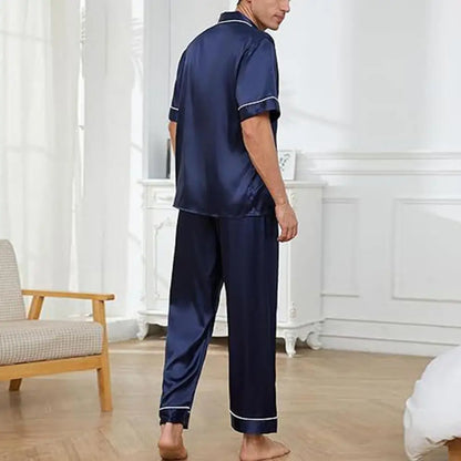2Pcs/Set Silk Satin Men Pajama Set Notch Collar Button Down Pajama Top with Chest Pocket Elastic Waist Bottoms Set Sleepwear