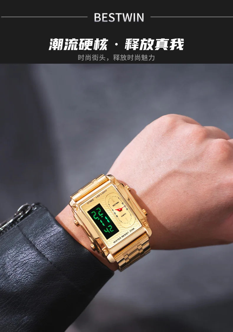 Gold Men Watches Stainless Steel Band Dual Display Men Sports Digital Watches For Male Clock Chronograph Date Waterproof Luxury