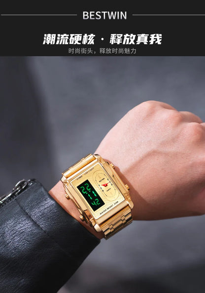 Gold Men Watches Stainless Steel Band Dual Display Men Sports Digital Watches For Male Clock Chronograph Date Waterproof Luxury
