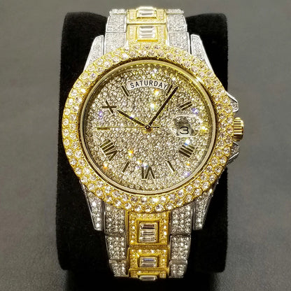 TikTok Hot Diamond Wristwatch For Men Luxury 18K Gold Plated Quartz Watches Day Date Nightclub Party Watch Unisex Rapper Jewelry