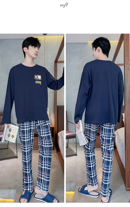 Spring Autumn Plus 4XL Knitted Men's Sleepwear Letter Lattice Pajamas Plaid Pajamas Sets Casual Loungewear Pyjamas Night Fashion