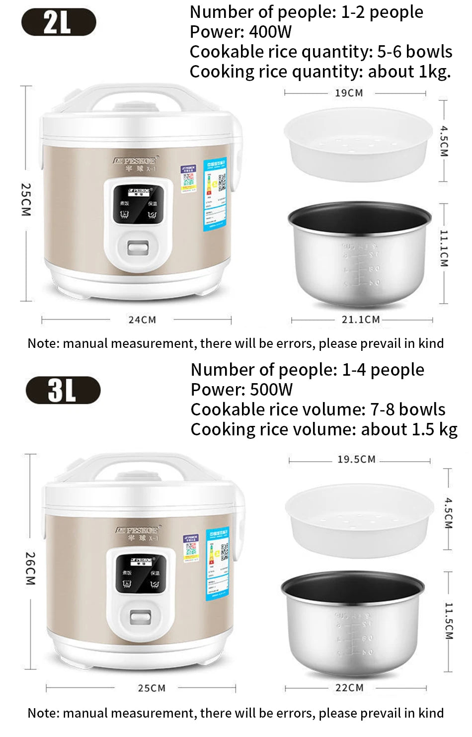 Peskoe mini Rice cooker, old-fashioned 1-2-3 person Non-stick surface cooking rice cooker, multi-function household 2L 3L 4L 5L