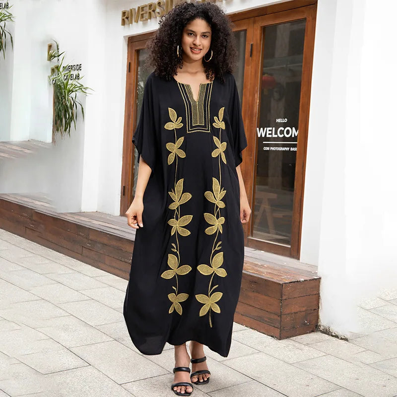 Swimsuit Cover Ups Embroidery V Neck Short Sleeve Swim Cover Up for Women Kaftan Dresses