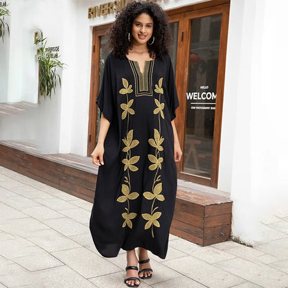 Swimsuit Cover Ups Embroidery V Neck Short Sleeve Swim Cover Up for Women Kaftan Dresses
