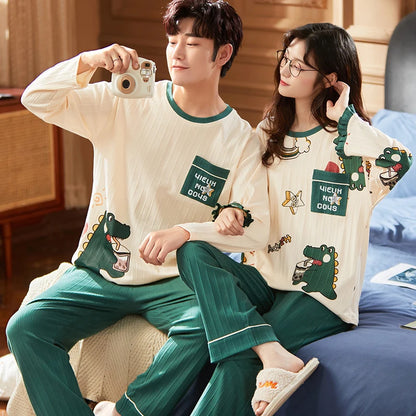 Autumn Couple Pajamas Sets Cartoon Men Sleepwear Leisure Cotton Plus Size Long Sleeve Women Homewear pijama Homme Mujer Dropship