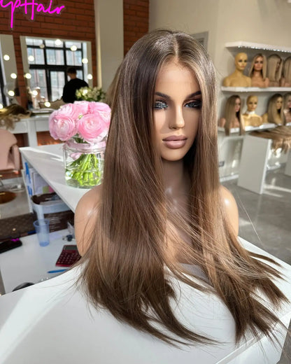 Balayage Mixed Blonde Brown Highlights Long Straight Wig Middle Part 24-Inch Synthetic Fringe Wig Natural Ash Blonde Brown Wig