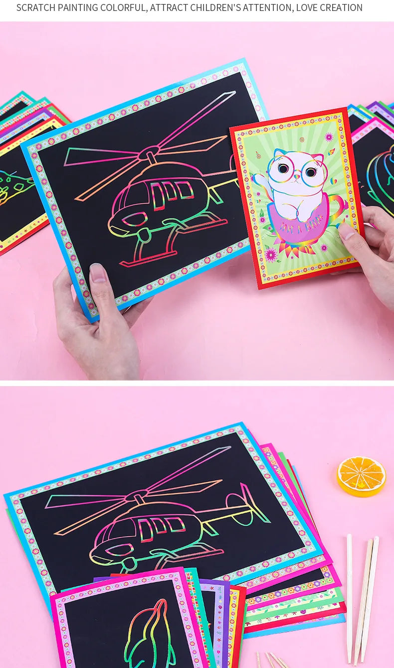 10Pcs Scratch Art Paper Magic Painting Paper with Drawing Stick Drawing Toys Kids Learning Educational Toys for Children Gifts
