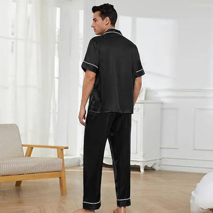 2Pcs/Set Silk Satin Men Pajama Set Notch Collar Button Down Pajama Top with Chest Pocket Elastic Waist Bottoms Set Sleepwear