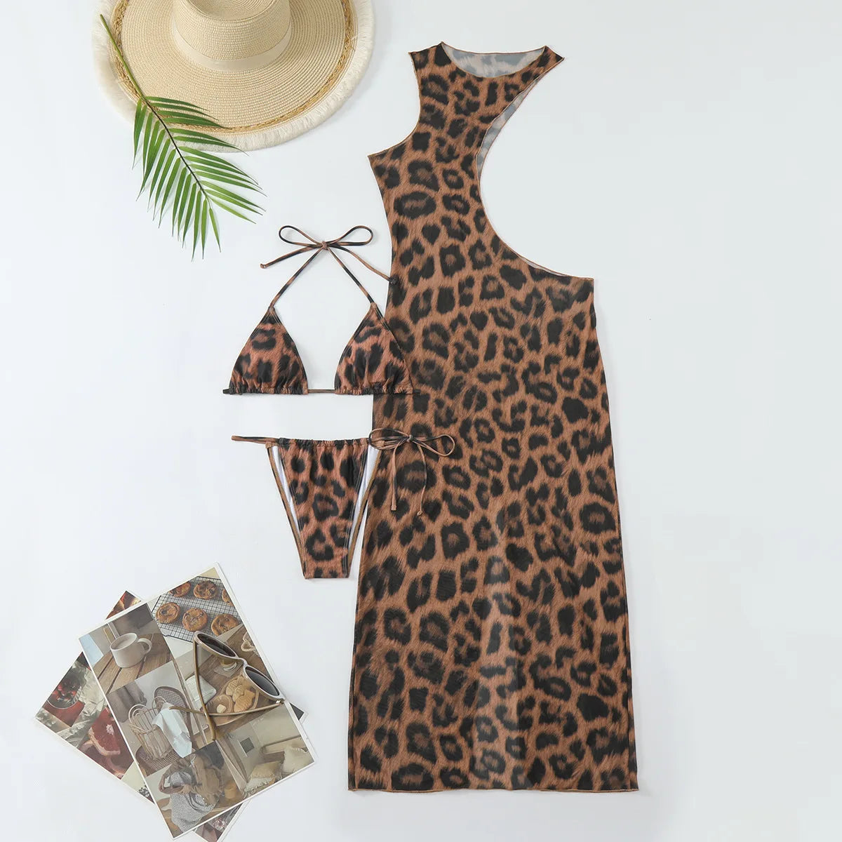 CM.YAYA Women Beach Bikini Set with Cutout Leopard Printed Sexy Long Bodycon Swimsuit Three 2 Piece Set Swimwear Bathing Suit
