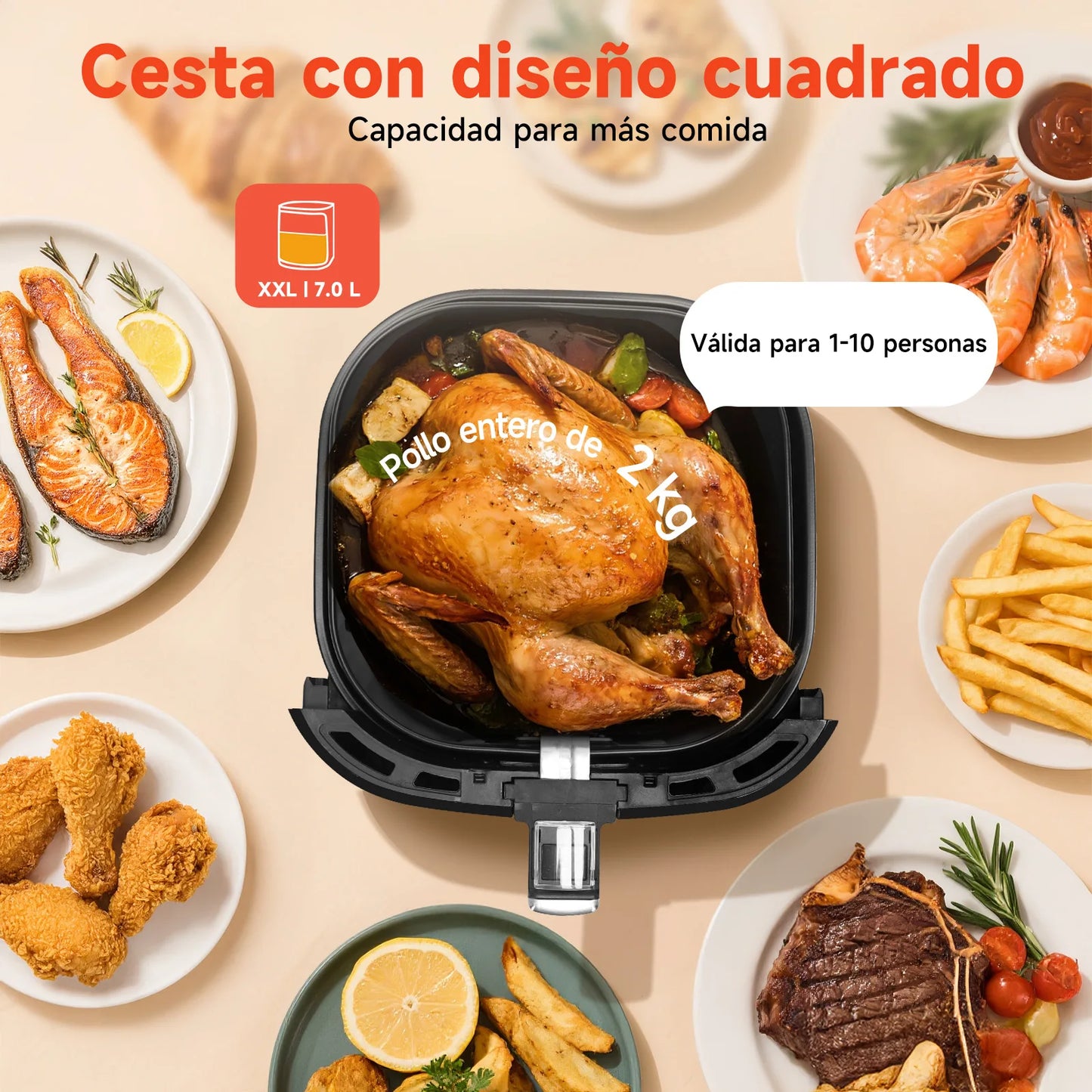 7L Oil-Free Air Fryer, Led Touch Screen, 8 Functions, Removable Non-Stick Basket, Recipe Book Included, 1900