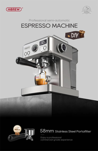 HiBREW 20Bar Semi Automatic Espresso Coffee Machine Temperature Adjustable 58mm Portafilter Cold/Hot Coffee Maker Metal CaseH10A
