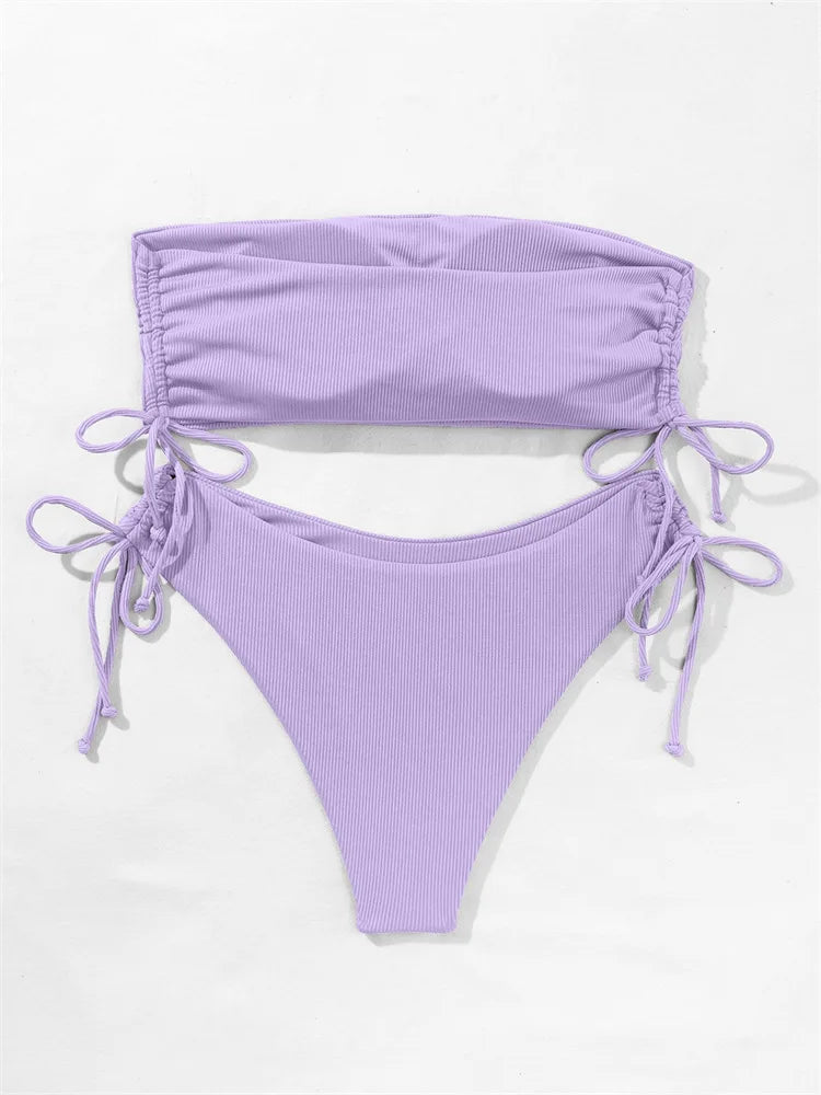 2025 Sexy Low Waist Swimwear New Solid Bandeau Bikini Set Women Push Up Drawstring Beachwear Swimsuit Backless bathing suit