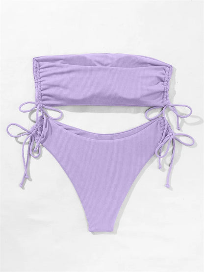 2025 Sexy Low Waist Swimwear New Solid Bandeau Bikini Set Women Push Up Drawstring Beachwear Swimsuit Backless bathing suit