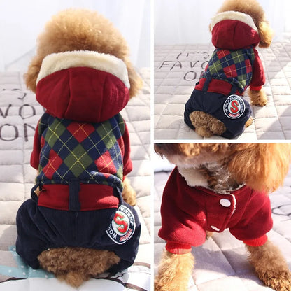 Winter Pet Thickened Warm Clothing Fashion Plaid Dog Four Legs Clothes Puppy Hoodie Teddy Yorkshire Coat Pet Supplies
