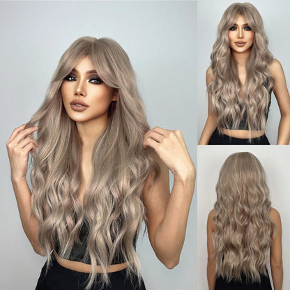 HENRY MARGU Long Brown Wavy Synthetic Wigs Middle Part Natural  Curly Wig for Black Women Cosplay Daily Heat Resistant Fake Hair