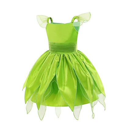 Girls Party Dresses Fairy Green Costume for Girl Tinkerbell Children Clothing Princess Elf Birthday Ball Gown Wing Dresses