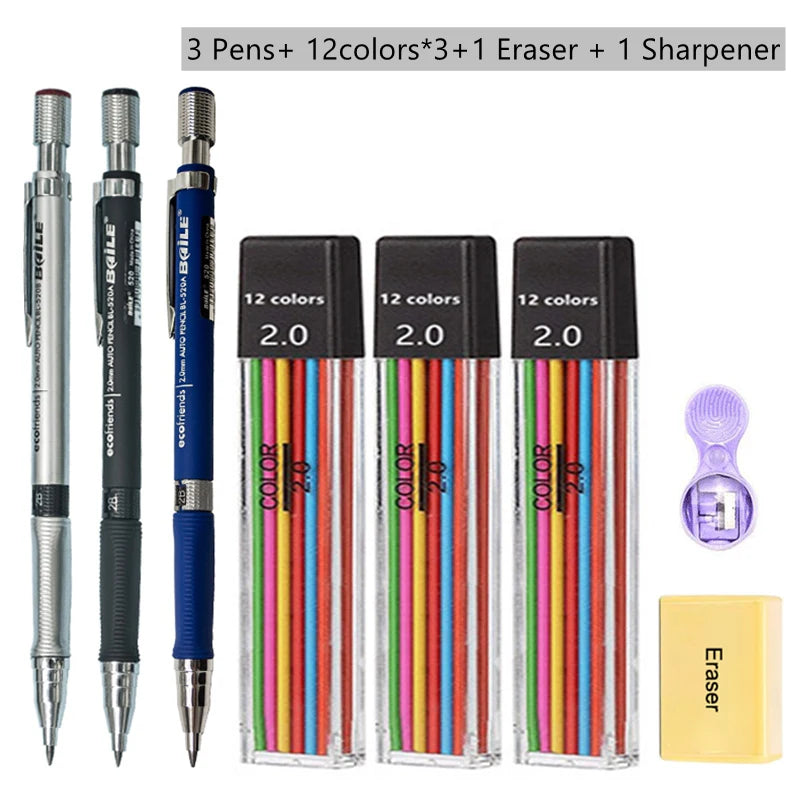 2.0mm Mechanical Pencil Black / Color Lead Refill 2B Sketching Pencil Art Sketch Painting Writing For School & Office Stationery