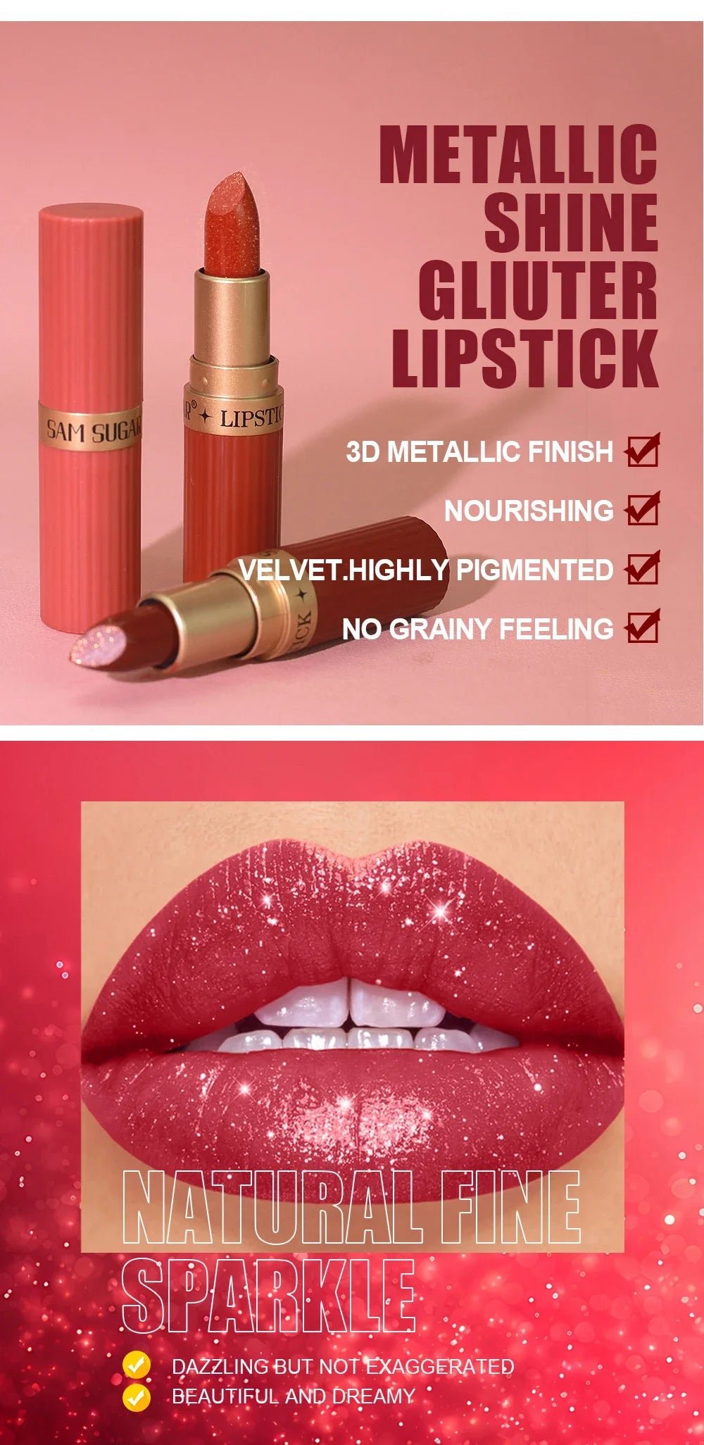 Chocolate Brown Luxurious Metallic Glitter Lipstick Long-Lasting Waterproof Non-Fade Shimmery Pearl Sparkling Lip Gloss Makeup