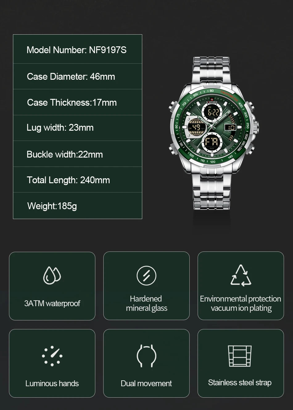 NAVIFORCE Luxury Original Sports Wrist Watch For Men Quartz Steel Waterproof Dual Display Military LED Digital Watches Relogio