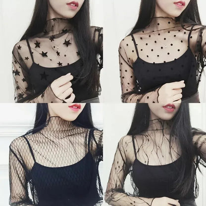 New Transparent See Through Shirt Women Sexy Harajuku Mesh Tops Net Undershirt Star Base Top Camisas Femininas Clubwear SheerTee