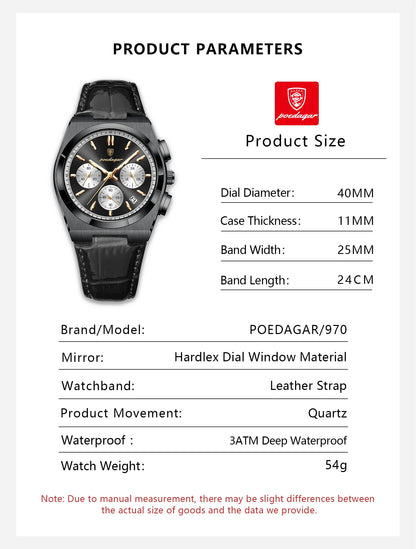 POEDAGAR Business Functional Male Watch Waterproof Luminous Chronograph Date Sports Men Wristwatch Leather Men's Quartz Watches
