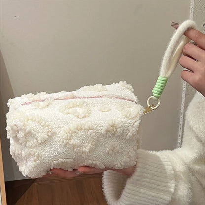 Plush Makeup Bags with Handle Soft Travel Cosmetic Storage Bag Portable Love Print Organizer Pencil Case Cute Clutch Pouch