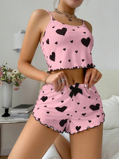 Sexy Girl Pajama Sets Love Heart Print Cami Top+Shorts Leisure Stripe Pyjamas Women Home Clothes Summer Sleeveless Sleepwear