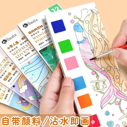 Kids Portable Watercolor Painting Book 12 Sheets Gouache Graffiti Picture 1 Pen Coloring Water Drawing Books Set Kids Toys Gifts