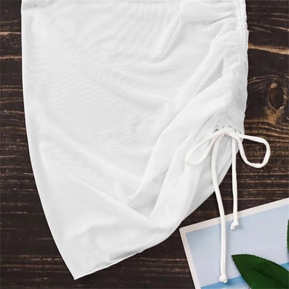 Women Beachwear Hip Skirt Translucent Sexy Swimsuit Beach Skirt Seaside Gauze Skirt Ruffled Overskirt Mesh Drawstring Cover Up