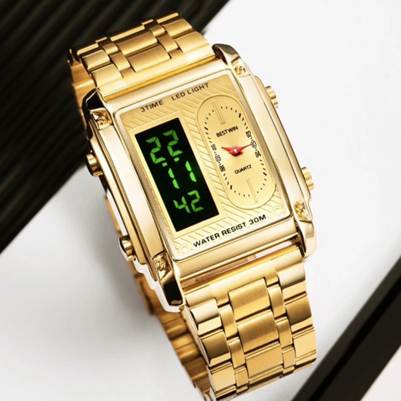 Gold Men Watches Stainless Steel Band Dual Display Men Sports Digital Watches For Male Clock Chronograph Date Waterproof Luxury