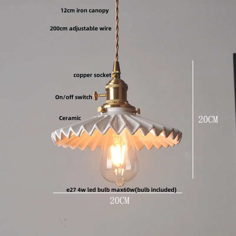 IWHD White Ceramic LED Pendant Lamp Bedroom Study Balcony Wire Adjustable Copper Socket Nordic Modern Home Decor Hanging Lights
