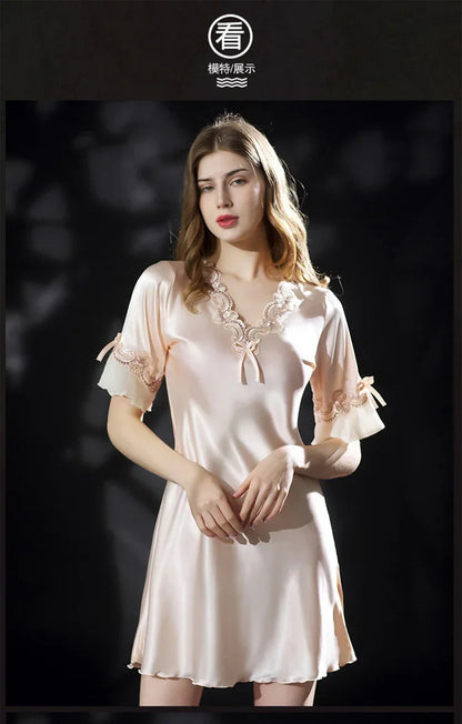 New Summer Women Sleepwear Ice Silk Nightdress Robe Sexy Lingerie Nightgown Lady Homewear Female Night Home