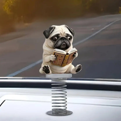 Cute 2D Pug Car Ornaments Kawaii Reading Dog Car Panel Dashboard  Spring Toys Decor Creative Accessories Gift