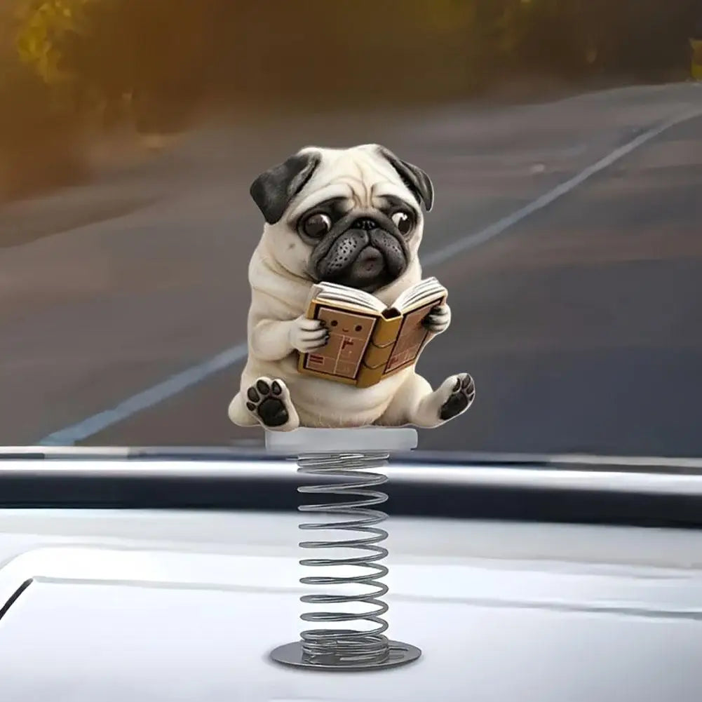 Cute 2D Pug Car Ornaments Kawaii Reading Dog Car Panel Dashboard  Spring Toys Decor Creative Accessories Gift