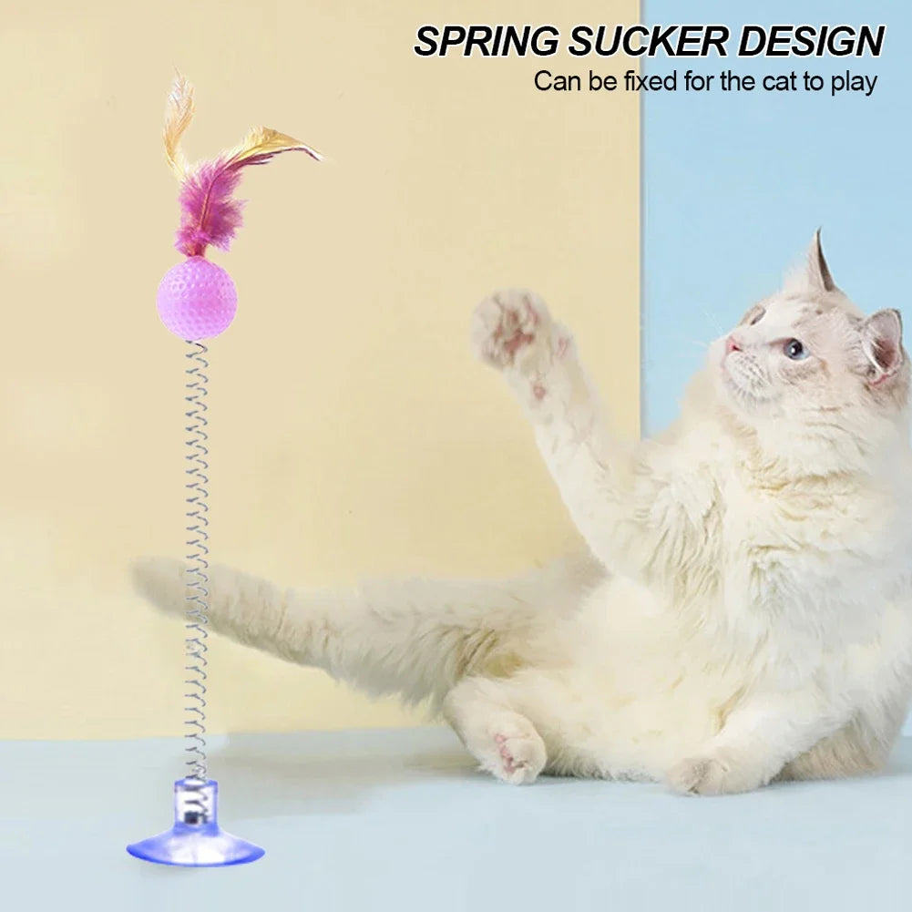 1pc Feather Spring Cat Interactive Toy Suction Cup Cat Fur Ball Teaser Wand Toys Cat Scratcher Toys Pet Supplies Random Color