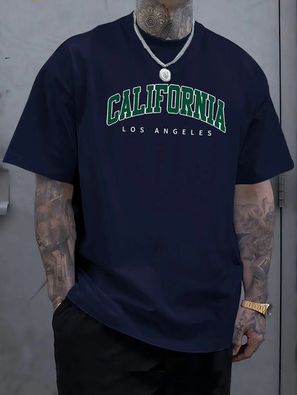 Summer Men's 100% Cotton Casual Sports Loose Large california letter Printed Comfortable Round Neck Short Sleeve T-shirt Top