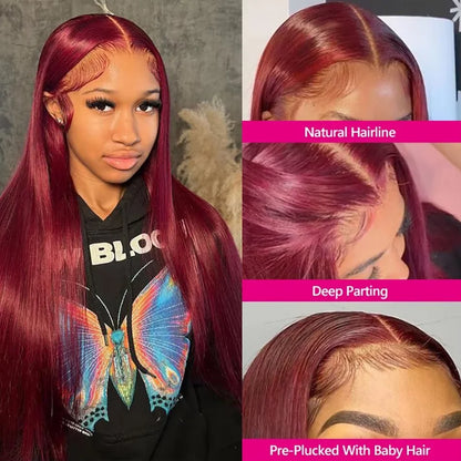 13x4 99j Burgundy Lace Front Wig 13x6 Straight Lace Frontal Wigs HD Transparent Lace Colored Remy Red Human Hair Wigs For Women