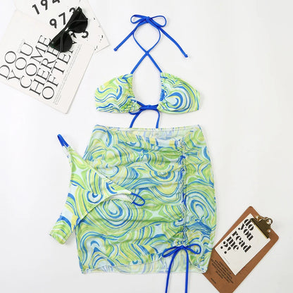 3 Pieces Bikini Set With Skirt  Tie Dye String Thong Bathing Suit Women Swimsuit Female  Swimwear Beach Wear Swim Lady Summer
