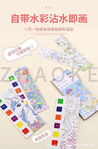 Kids Portable Watercolor Painting Book 12 Sheets Gouache Graffiti Picture 1 Pen Coloring Water Drawing Books Set Kids Toys Gifts