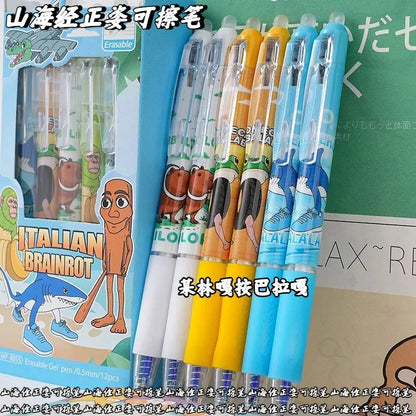 6/12PCS Italian Brainrot Tung Erasable Gel Pen Cute Anime Cartoon Quick Drying Black 0.5mm Ballpoint Pen Stationery Supplies